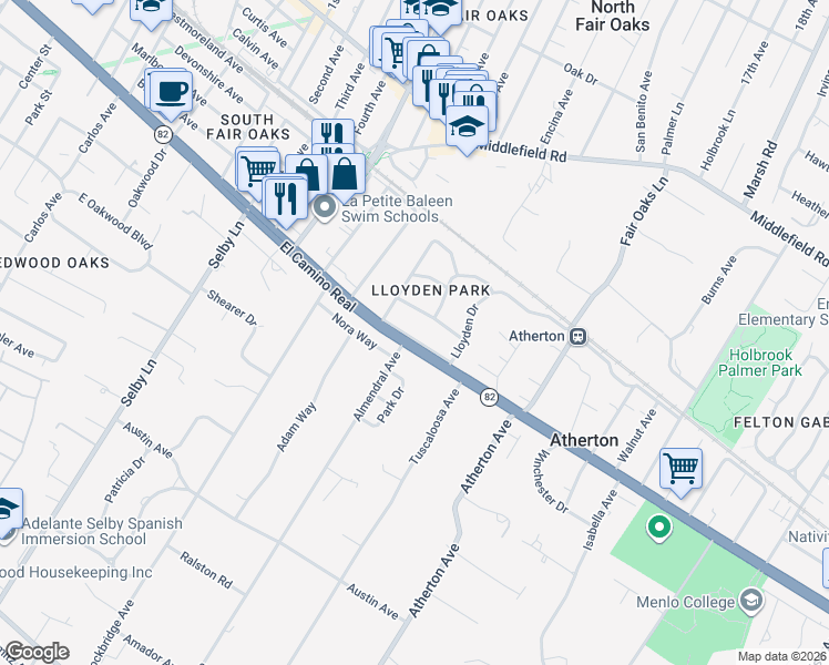 map of restaurants, bars, coffee shops, grocery stores, and more near 343 Lloyden Park Lane in Atherton