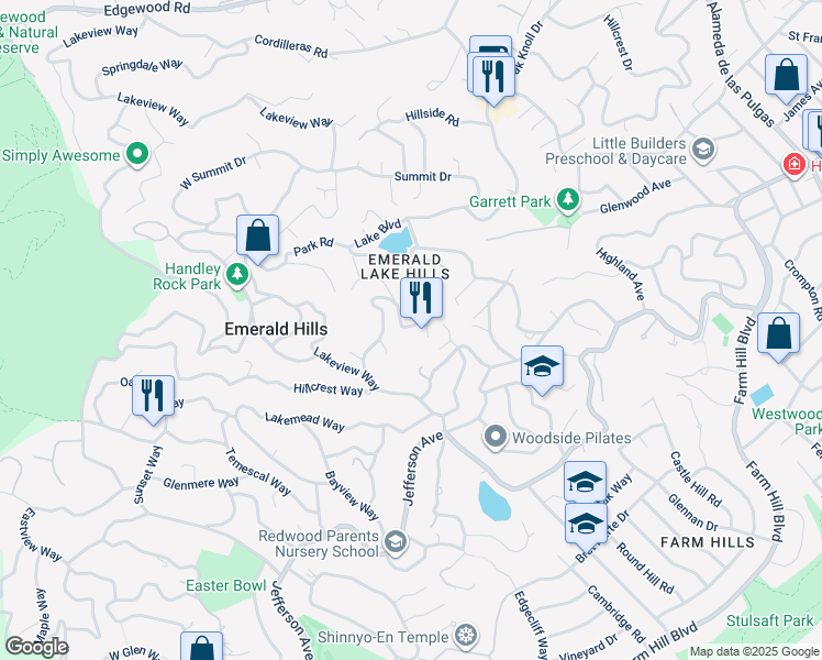 map of restaurants, bars, coffee shops, grocery stores, and more near 3515 Oak Knoll Drive in Emerald Hills
