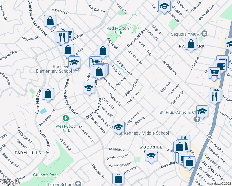 map of restaurants, bars, coffee shops, grocery stores, and more near 1228 Fairview Avenue in Redwood City