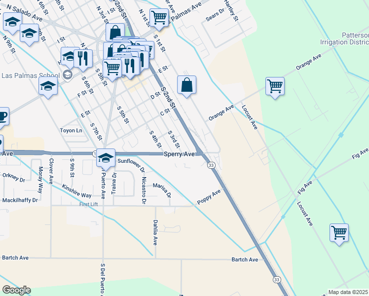map of restaurants, bars, coffee shops, grocery stores, and more near 1 South 3rd Street in Patterson
