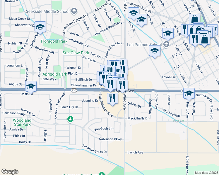 map of restaurants, bars, coffee shops, grocery stores, and more near 1000-1060 Sperry Ave in Patterson