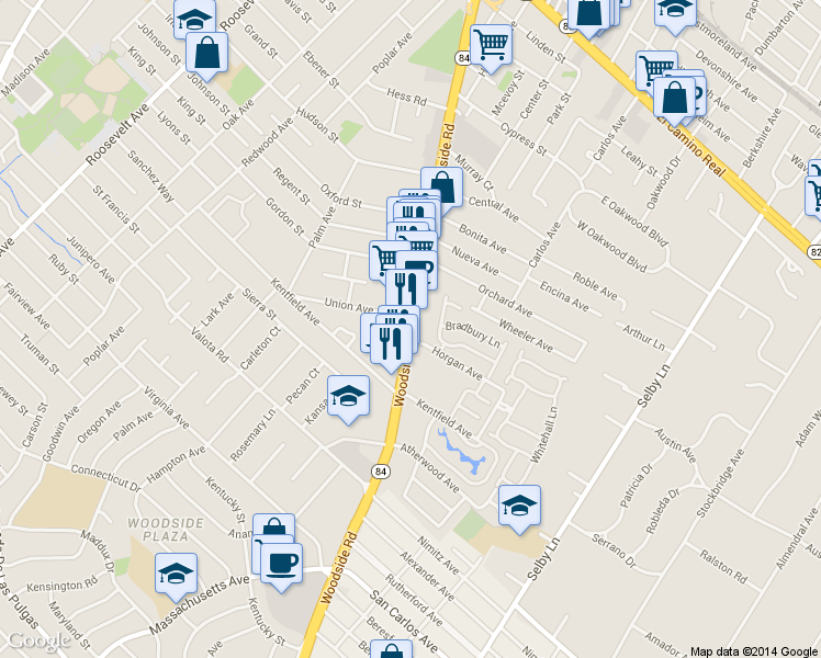 map of restaurants, bars, coffee shops, grocery stores, and more near 895 Woodside Road in Redwood City