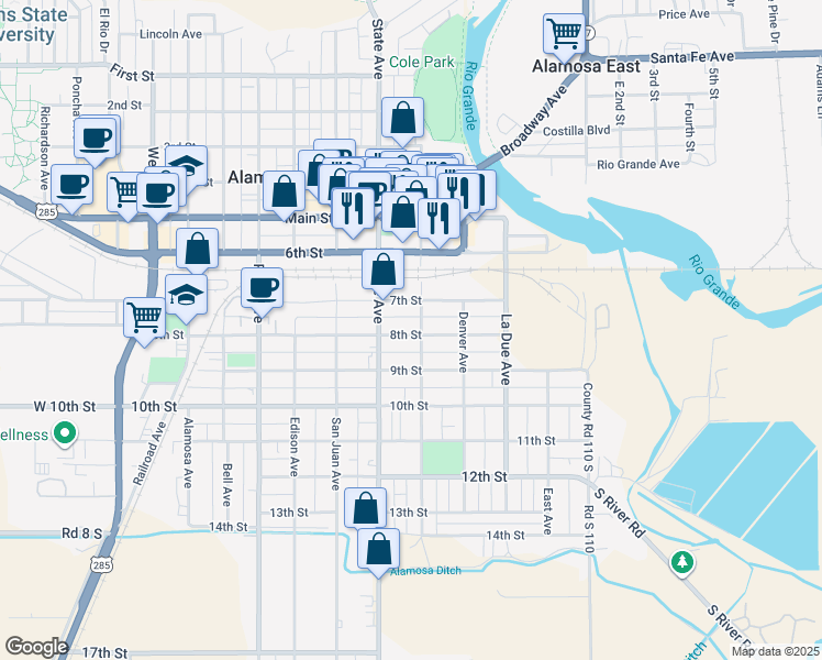 map of restaurants, bars, coffee shops, grocery stores, and more near 811 Hunt Avenue in Alamosa