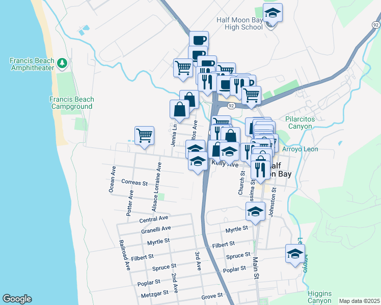 map of restaurants, bars, coffee shops, grocery stores, and more near 498 Kelly Avenue in Half Moon Bay