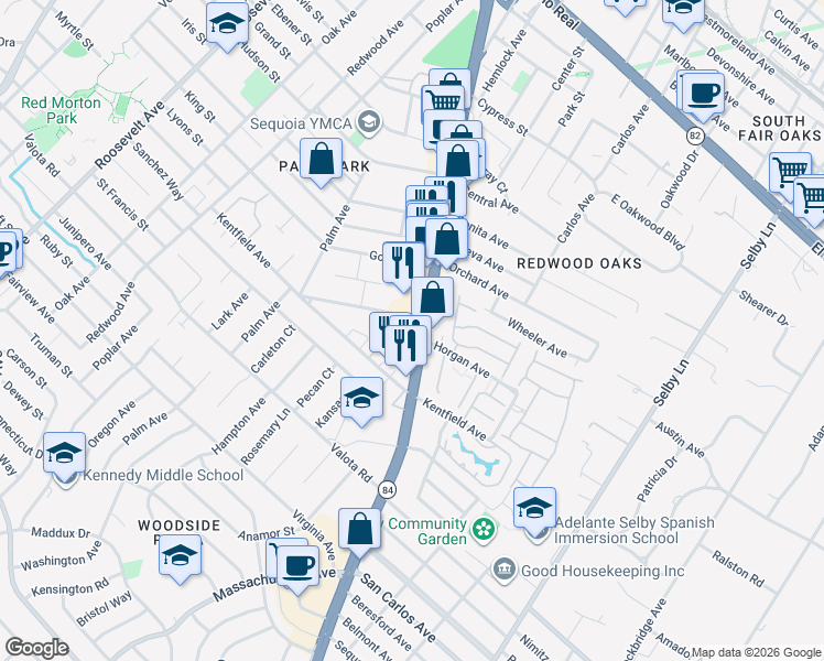 map of restaurants, bars, coffee shops, grocery stores, and more near 2 Woodside Road in Redwood City