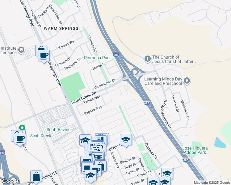 map of restaurants, bars, coffee shops, grocery stores, and more near 575 Yampa Way in Fremont