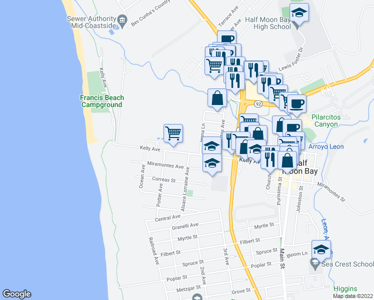 map of restaurants, bars, coffee shops, grocery stores, and more near 405 Kelly Avenue in Half Moon Bay