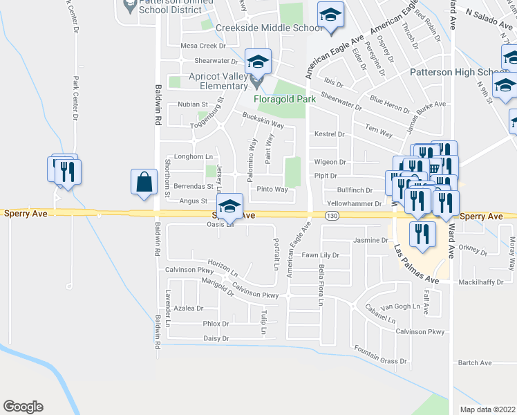 map of restaurants, bars, coffee shops, grocery stores, and more near 1348 Thoroughbred Street in Patterson