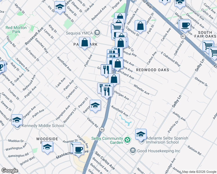 map of restaurants, bars, coffee shops, grocery stores, and more near 916 Woodside Road in Redwood City