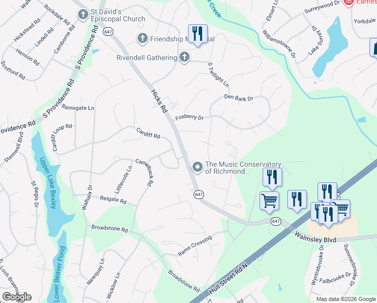 map of restaurants, bars, coffee shops, grocery stores, and more near 2311 Hicks Road in Richmond