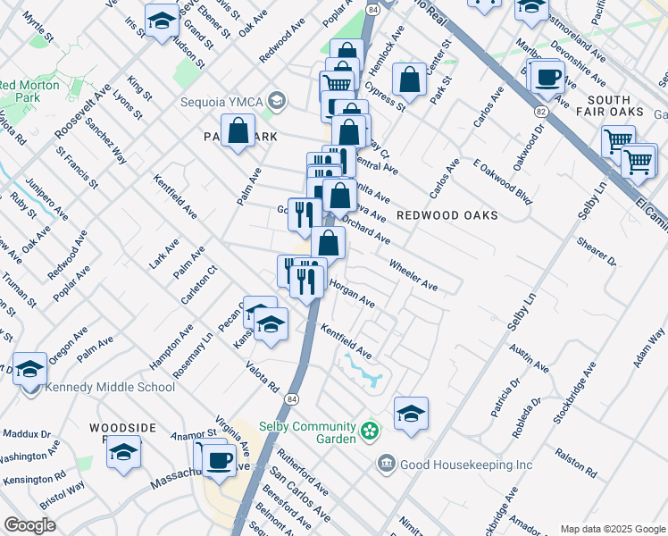 map of restaurants, bars, coffee shops, grocery stores, and more near 885 Woodside Road in Redwood City