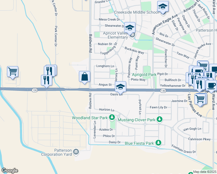 map of restaurants, bars, coffee shops, grocery stores, and more near 1420 Angus Street in Patterson