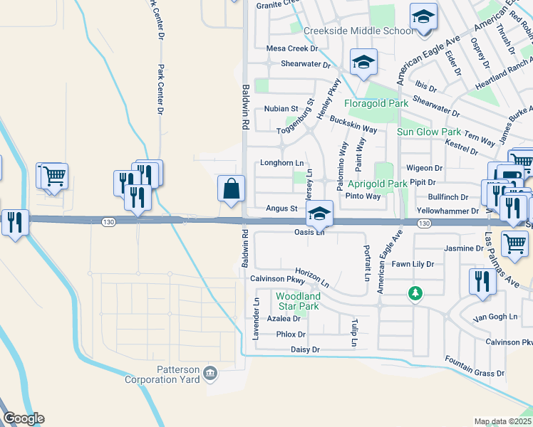 map of restaurants, bars, coffee shops, grocery stores, and more near 1448 Angus Street in Patterson