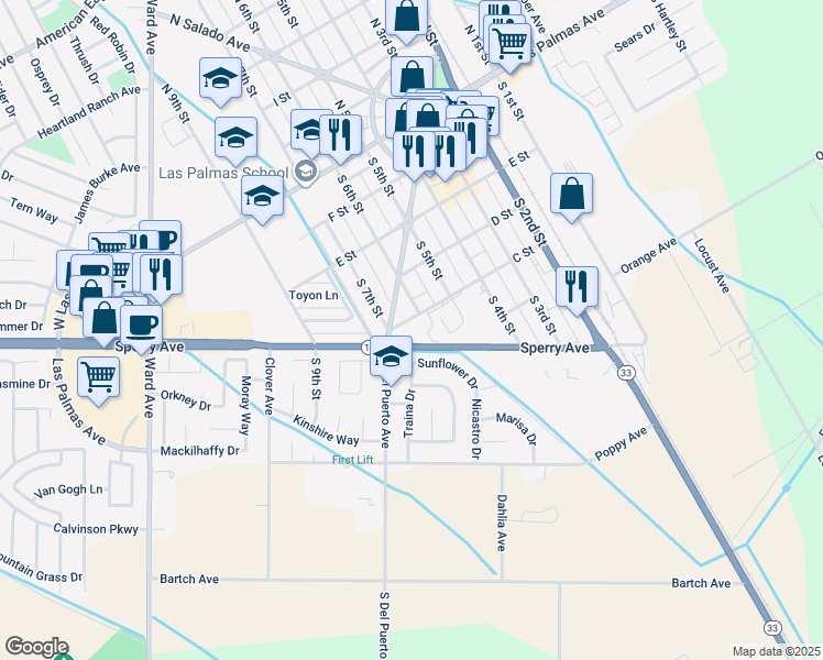 map of restaurants, bars, coffee shops, grocery stores, and more near 323 South 6th Street in Patterson