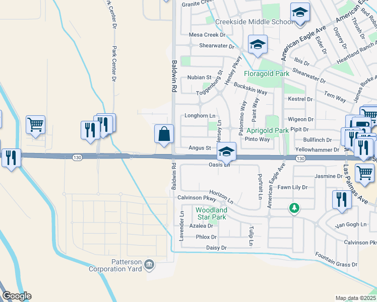 map of restaurants, bars, coffee shops, grocery stores, and more near 1448 Angus Street in Patterson