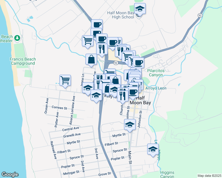 map of restaurants, bars, coffee shops, grocery stores, and more near 225 Cabrillo Highway South in Half Moon Bay