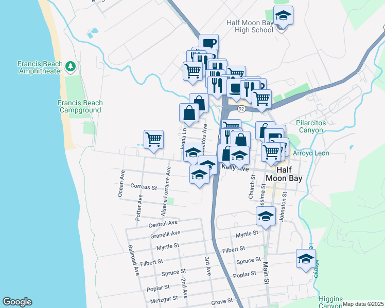 map of restaurants, bars, coffee shops, grocery stores, and more near 460 Pine Avenue in Half Moon Bay