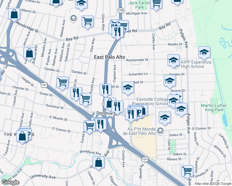 map of restaurants, bars, coffee shops, grocery stores, and more near 2184 Capitol Avenue in East Palo Alto
