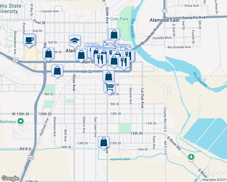 map of restaurants, bars, coffee shops, grocery stores, and more near 510 7th Street in Alamosa