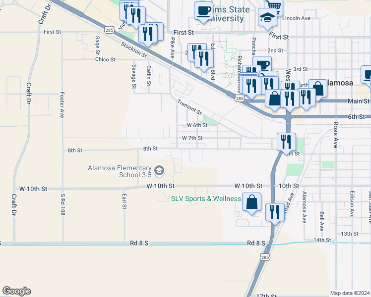 map of restaurants, bars, coffee shops, grocery stores, and more near 1664 West Seventh Street in Alamosa