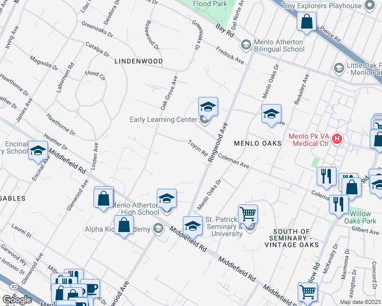 map of restaurants, bars, coffee shops, grocery stores, and more near 162 Toyon Road in Atherton
