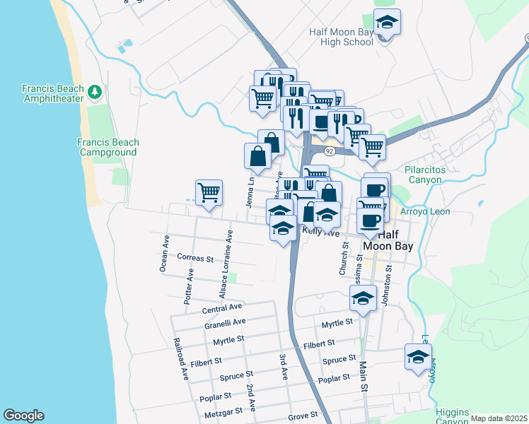 map of restaurants, bars, coffee shops, grocery stores, and more near 460 Pine Avenue in Half Moon Bay