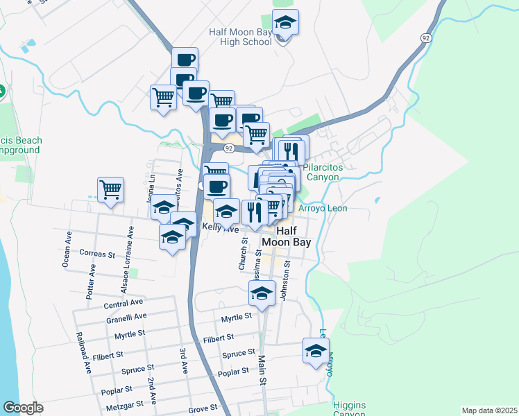 map of restaurants, bars, coffee shops, grocery stores, and more near 631 Mill Street in Half Moon Bay