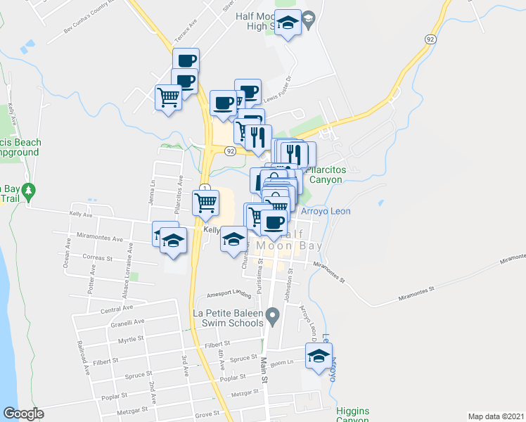 map of restaurants, bars, coffee shops, grocery stores, and more near 631 Mill Street in Half Moon Bay