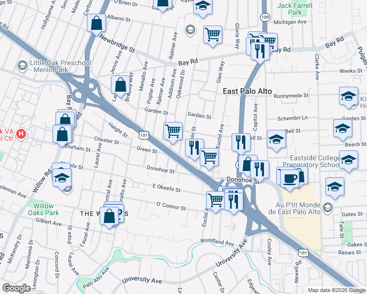 map of restaurants, bars, coffee shops, grocery stores, and more near 2138 Dumbarton Avenue in East Palo Alto