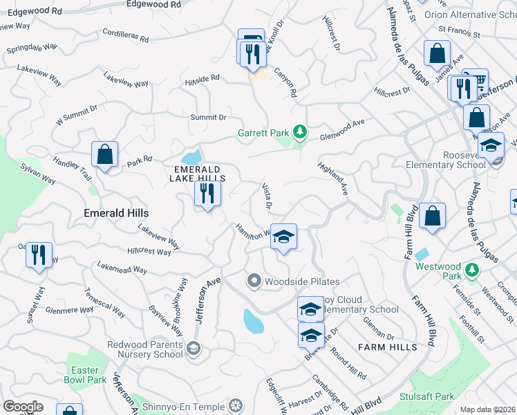map of restaurants, bars, coffee shops, grocery stores, and more near 712 Vista Drive in Emerald Hills