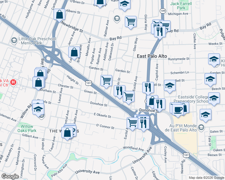 map of restaurants, bars, coffee shops, grocery stores, and more near 2138 Dumbarton Avenue in East Palo Alto