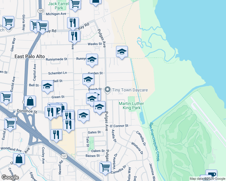 map of restaurants, bars, coffee shops, grocery stores, and more near 1168 Beech Street in East Palo Alto
