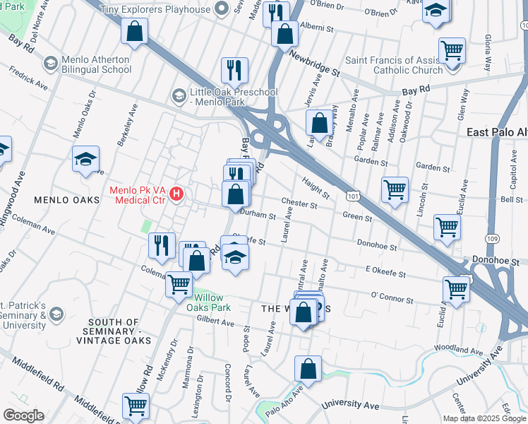 map of restaurants, bars, coffee shops, grocery stores, and more near 816 Arnold Way in Menlo Park
