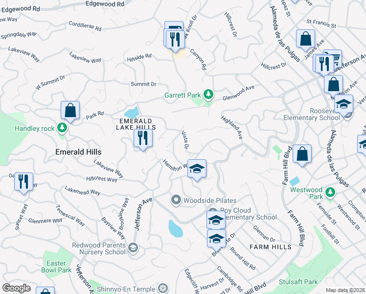 map of restaurants, bars, coffee shops, grocery stores, and more near 720 Vista Drive in Emerald Hills