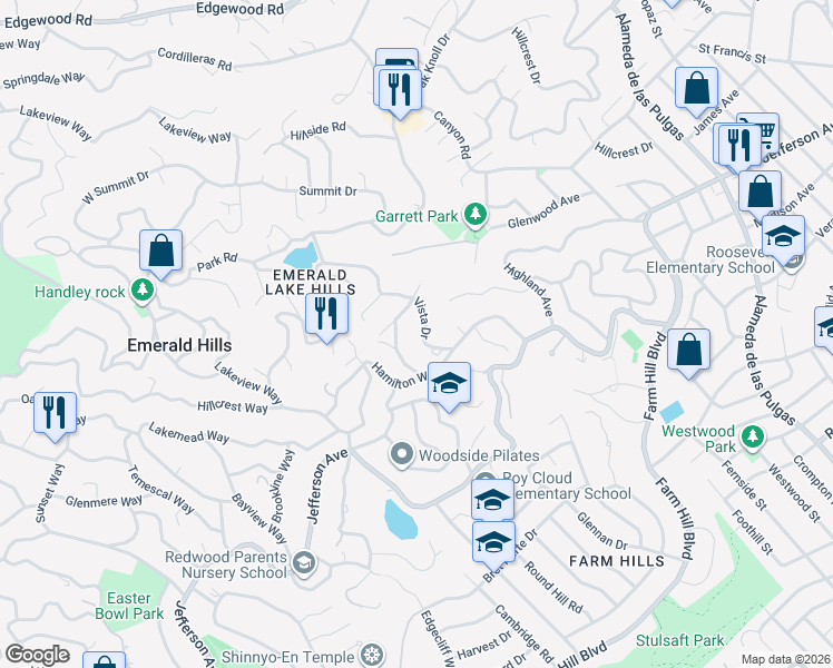 map of restaurants, bars, coffee shops, grocery stores, and more near 720 Vista Drive in Emerald Hills