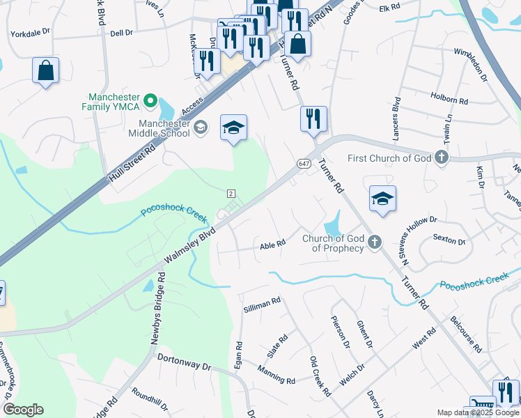 map of restaurants, bars, coffee shops, grocery stores, and more near 3104 Able Place in Chesterfield