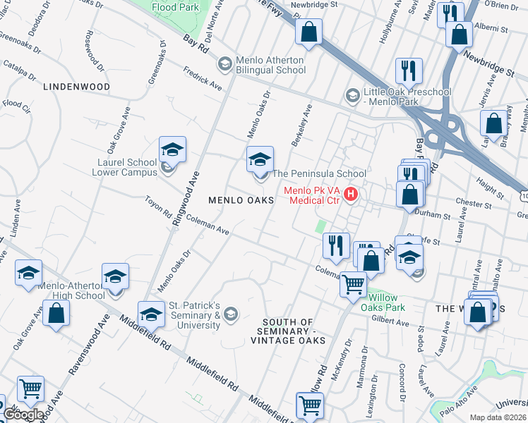 map of restaurants, bars, coffee shops, grocery stores, and more near in Menlo Park