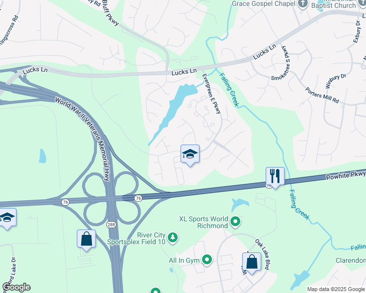 map of restaurants, bars, coffee shops, grocery stores, and more near 12550 Saint Croix Place in Midlothian