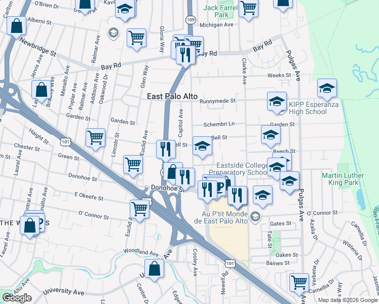 map of restaurants, bars, coffee shops, grocery stores, and more near 2185 Cooley Avenue in East Palo Alto