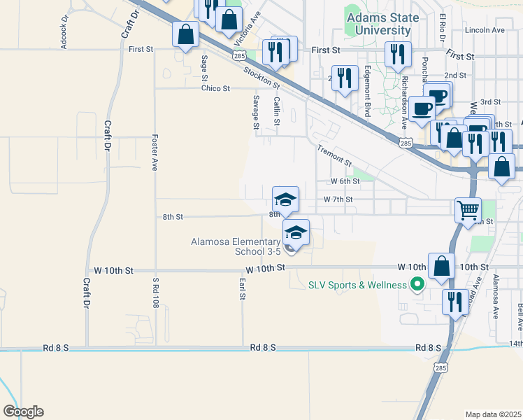 map of restaurants, bars, coffee shops, grocery stores, and more near 2010 West Seventh Street in Alamosa