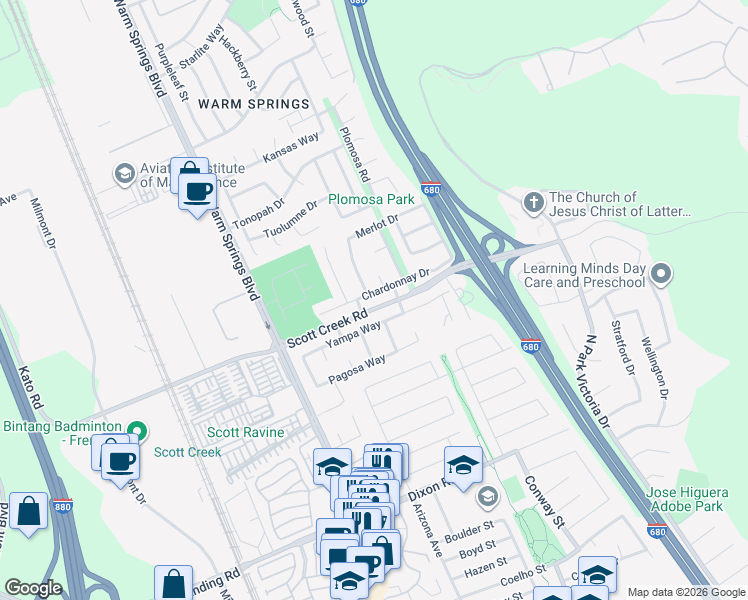 map of restaurants, bars, coffee shops, grocery stores, and more near 48881 Semillon Drive in Fremont