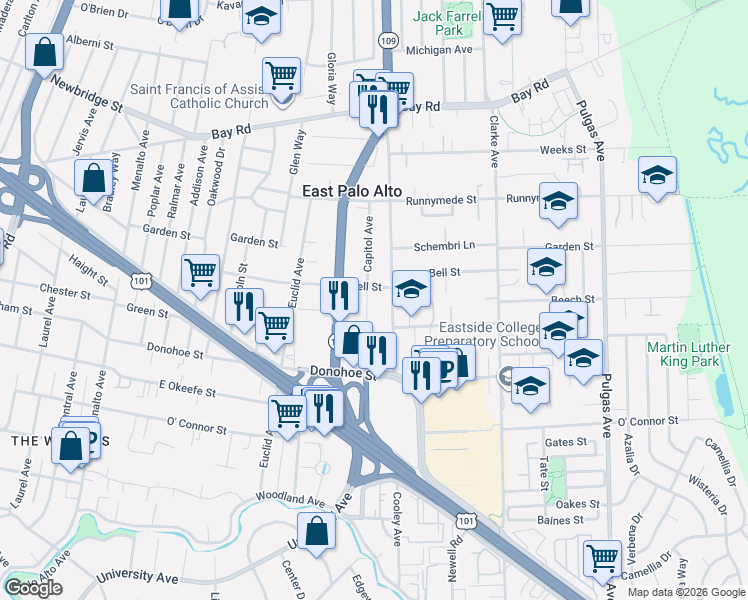 map of restaurants, bars, coffee shops, grocery stores, and more near 644 Bell Street in East Palo Alto