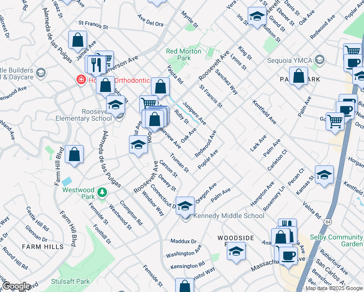 map of restaurants, bars, coffee shops, grocery stores, and more near 1177 Fairview Avenue in Redwood City