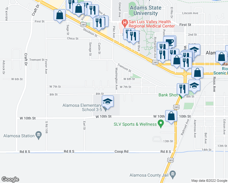 map of restaurants, bars, coffee shops, grocery stores, and more near 1705 West 8th Street in Alamosa