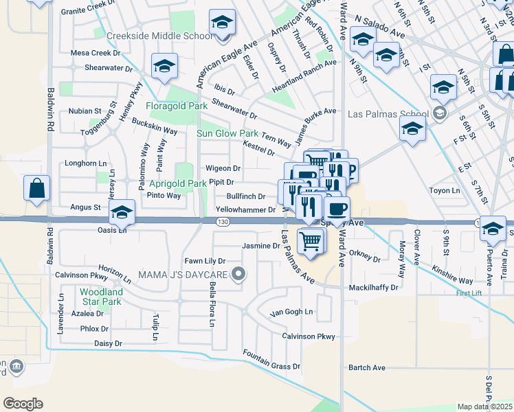 map of restaurants, bars, coffee shops, grocery stores, and more near 1131 Yellowhammer Drive in Patterson