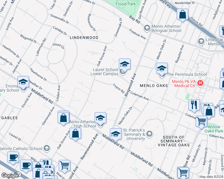 map of restaurants, bars, coffee shops, grocery stores, and more near 162 Toyon Road in Atherton