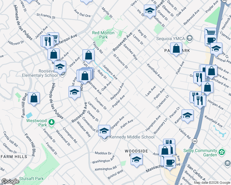 map of restaurants, bars, coffee shops, grocery stores, and more near 1835 Redwood Avenue in Redwood City