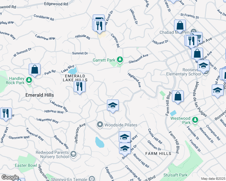 map of restaurants, bars, coffee shops, grocery stores, and more near 815 Villa Vista Street in Emerald Hills