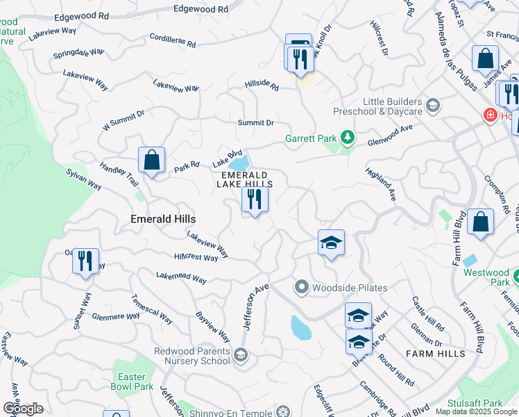 map of restaurants, bars, coffee shops, grocery stores, and more near 3451 Oak Knoll Drive in Emerald Hills