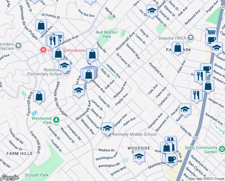 map of restaurants, bars, coffee shops, grocery stores, and more near 1231 Virginia Avenue in Redwood City